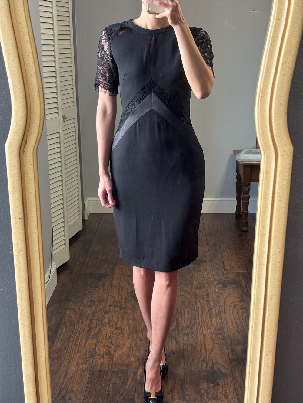 Black Lace Sleeve Sheath Dress XS